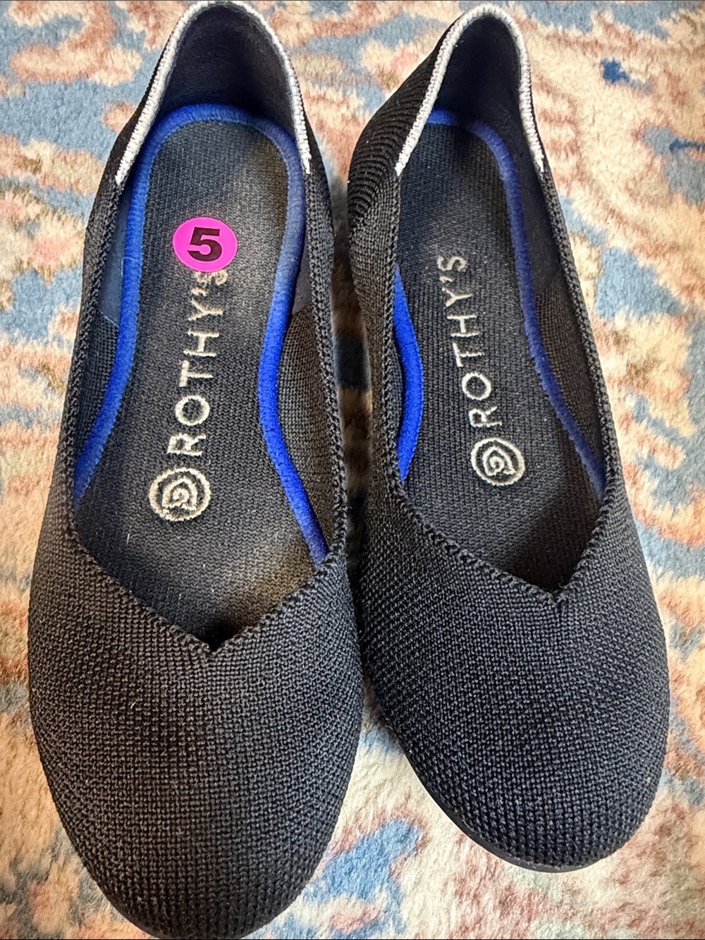 Rothy's Black Knit Pointed Flats with Blue Insole Trim